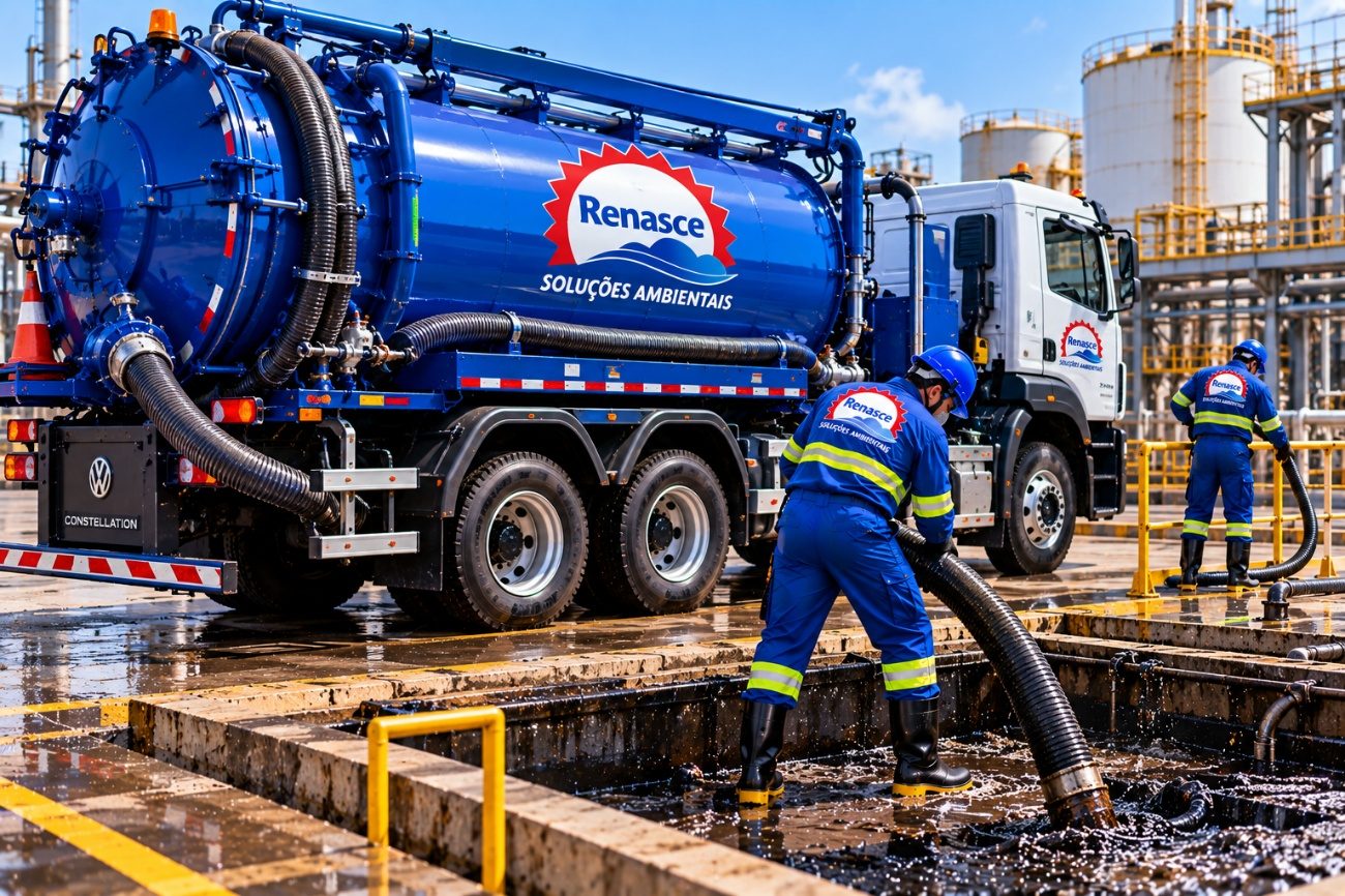 Caminhão tanque auto vácuo da Renasce Ambiental coletando resíduos líquidos em área industrial