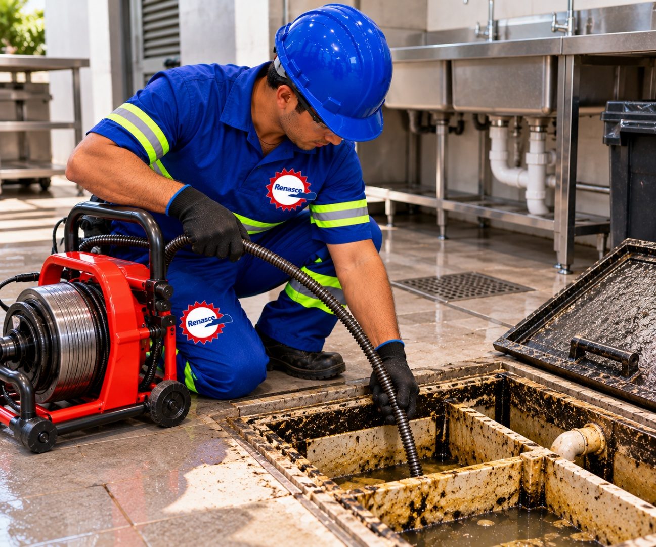 Equipe da Renasce Ambiental desobstruindo caixa de gordura em cozinha industrial