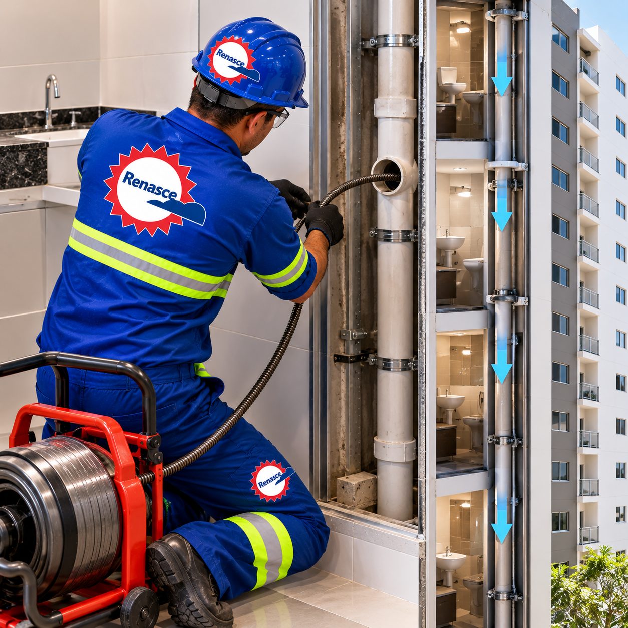 Técnico desobstruindo prumada de esgoto de edifício com cabo espiral, com vista dos pavimentos