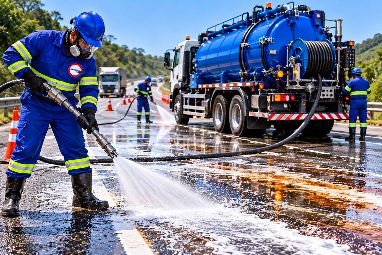Equipe da Renasce Ambiental limpando derramamento em rodovia com hidrojateamento de alta pressão