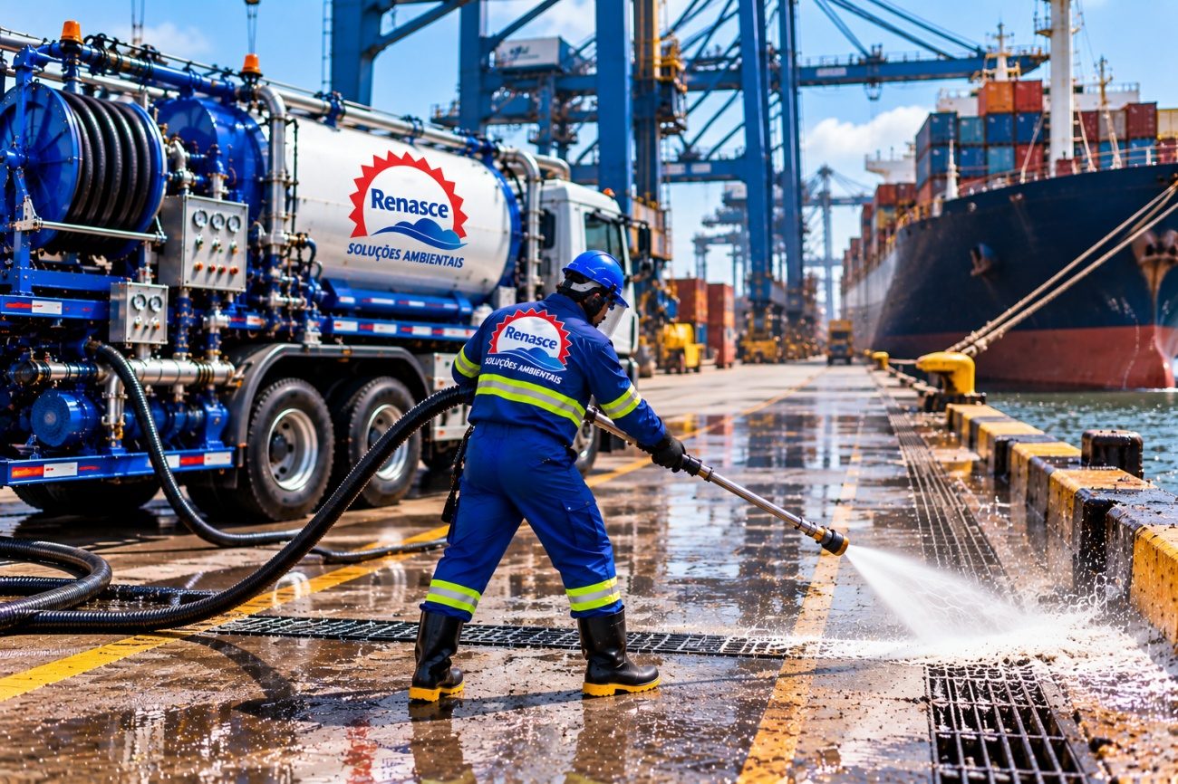 Limpeza de cais de terminal portuário com hidrojateamento de alta pressão, com navio ao fundo